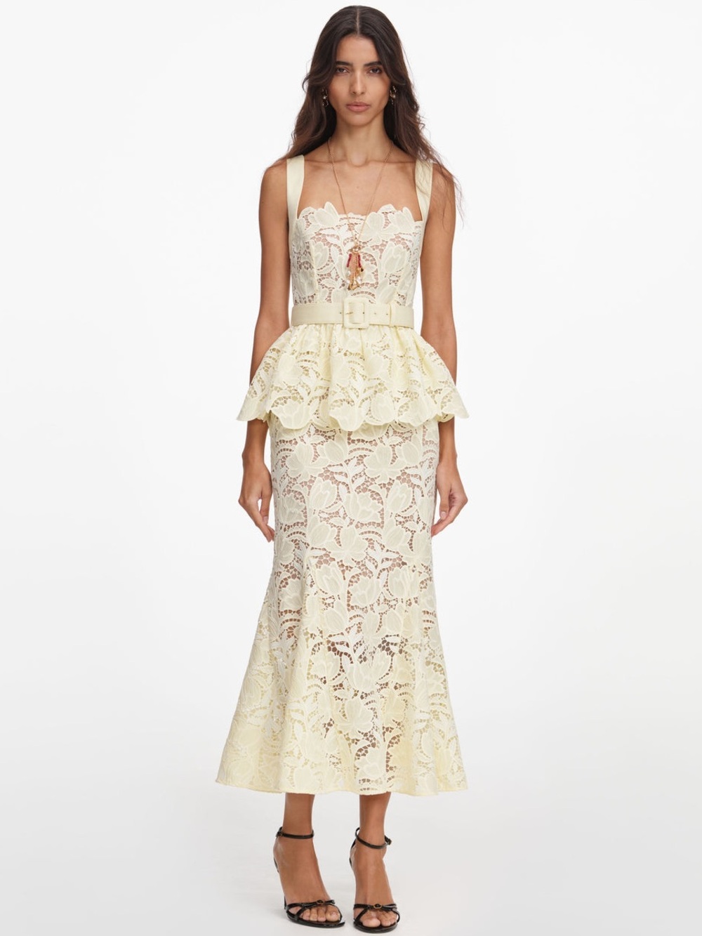 NWOT Self-Portrait YELLOW LACE PEPLUM MIDI DRESS